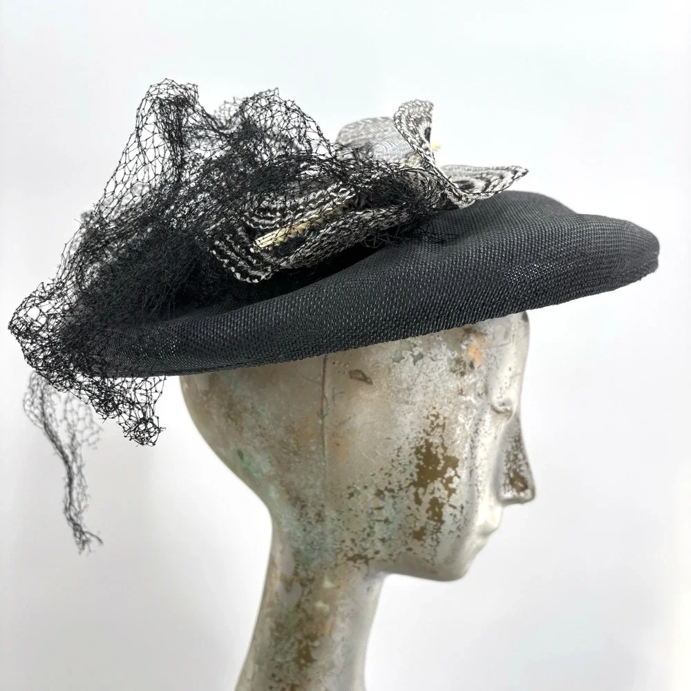 Vtg Black Tilt Fascinator Hat Birdcage Veil Cocktail Church Derby Wedding